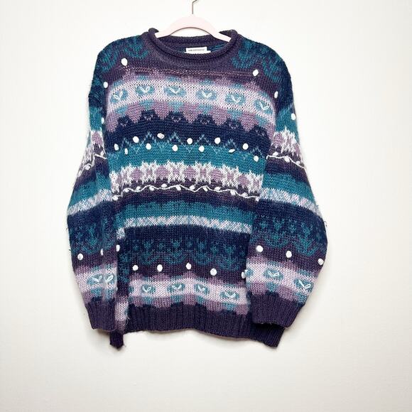 VTG Christopher & Banks Sweater Large Purple Embroidered Grandma Chunky Mohair - Picture 1 of 6